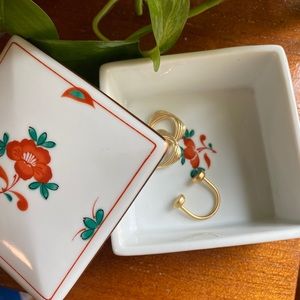 Vintage Porcelain Tiffany Co Square Trinket Box with Red Floral Design